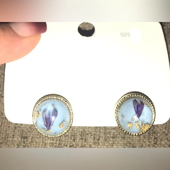 “Navy Calla Lily Petals” Blue Pressed Preserved Dried Flower Gold Flake Orb Stud - Picture 14 of 16